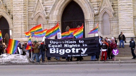 Homosexual Activists Protest in Front of Holy Name Cathedral